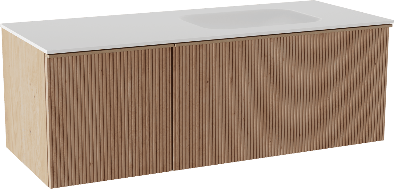 Balmani Forma zwevend badkamermeubel 135 x 55 cm natuur eik met Tablo Arcato asymmetrisch rechtse wastafel in solid surface mat wit, Verticale symmetrische rechte ribbel