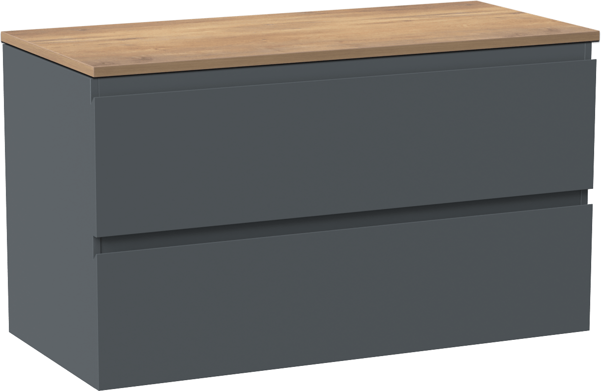 Linie Lado zwevend badkamermeubel 100 x 46 cm blauw antraciet met Lado enkel of dubbel tablet in melamine natuur eik