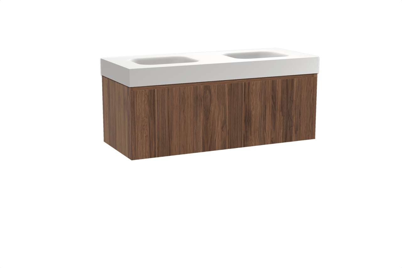 Balmani Fila hängendes Möbelstück Set: 135 x 55 cm, Nussbaum, mit Arcato Doppelwaschtisch, Solid Surface, Weiß matt, Vertikale symmetrische gerade Rippe