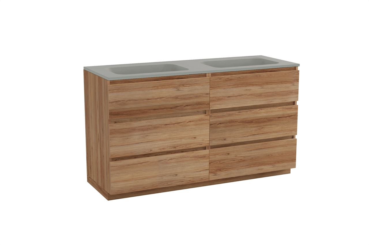 Balmani Lucida freistehendes Möbelstück Set: 150 x 55 cm, Teak, mit Tablo Strada Doppelwaschtisch, Marmorkomposit Seidengrau