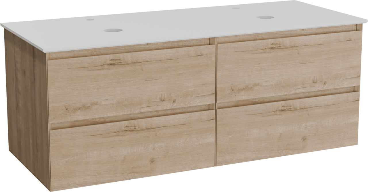 Balmani Mitra hängendes Möbelstück Set: 135 x 55 cm, Rohe Eiche, mit Facetta Doppel Waschtischplatte, Solid Surface Weiß matt