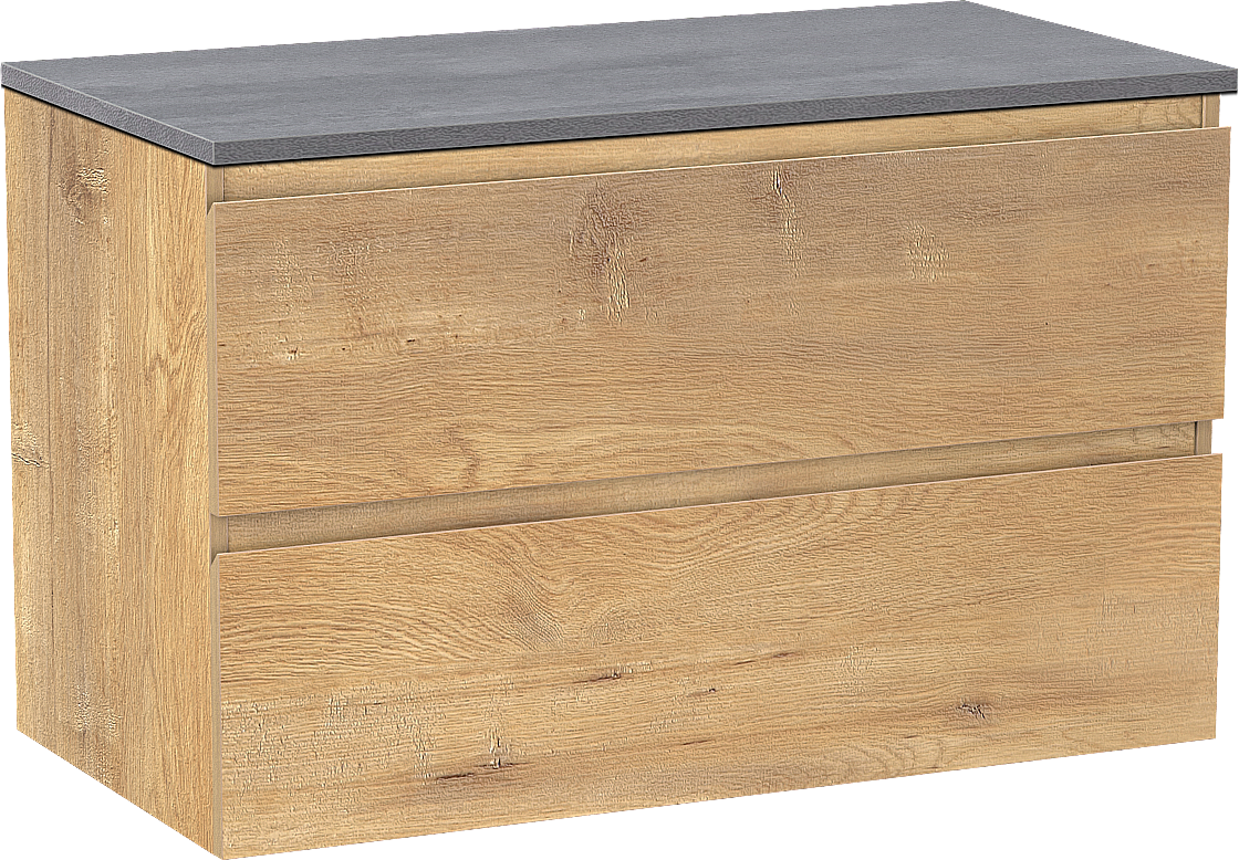 Linie Lado hängendes Möbelstück Set: 90 x 46 cm, Naturbelassene Eiche, mit Lado Einzel Waschtischplatte, Melamin Beton dunkelgrau