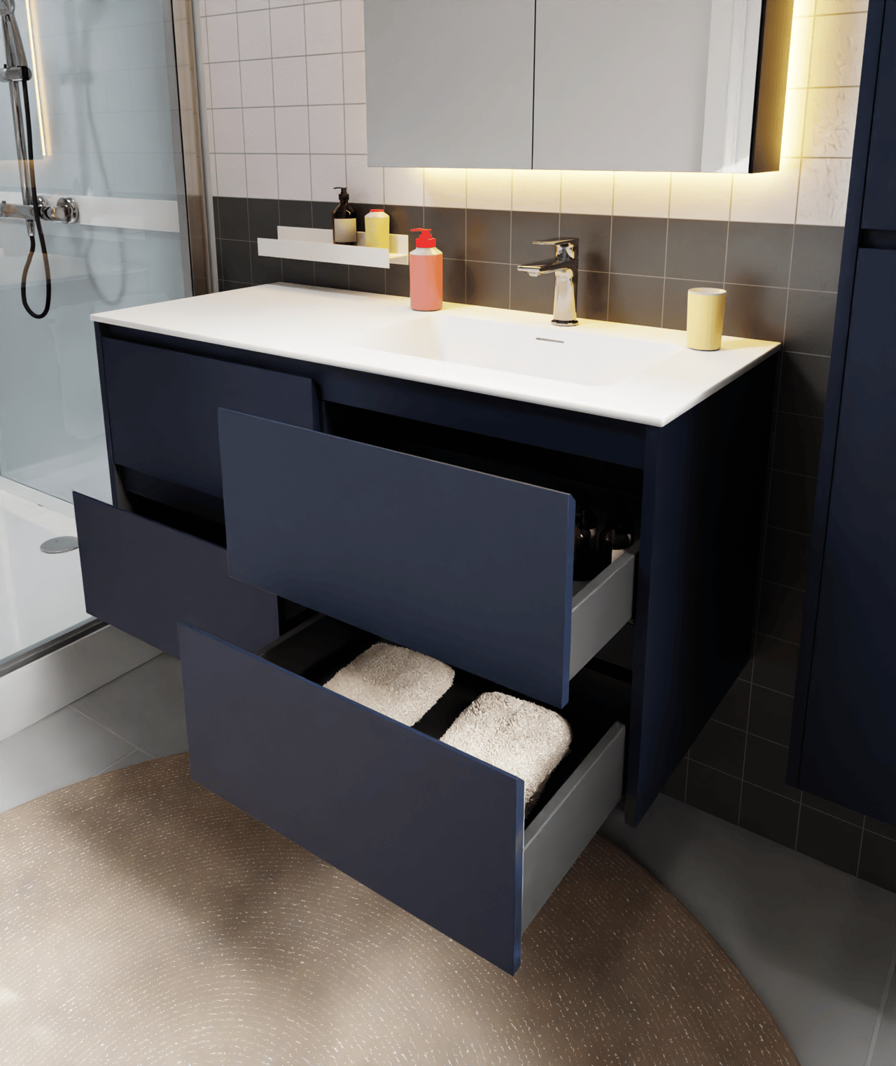 Storke Seda hängender Waschbeckenunterschrank: 120 x 52 cm, Nachtblau, 4 Schubladen