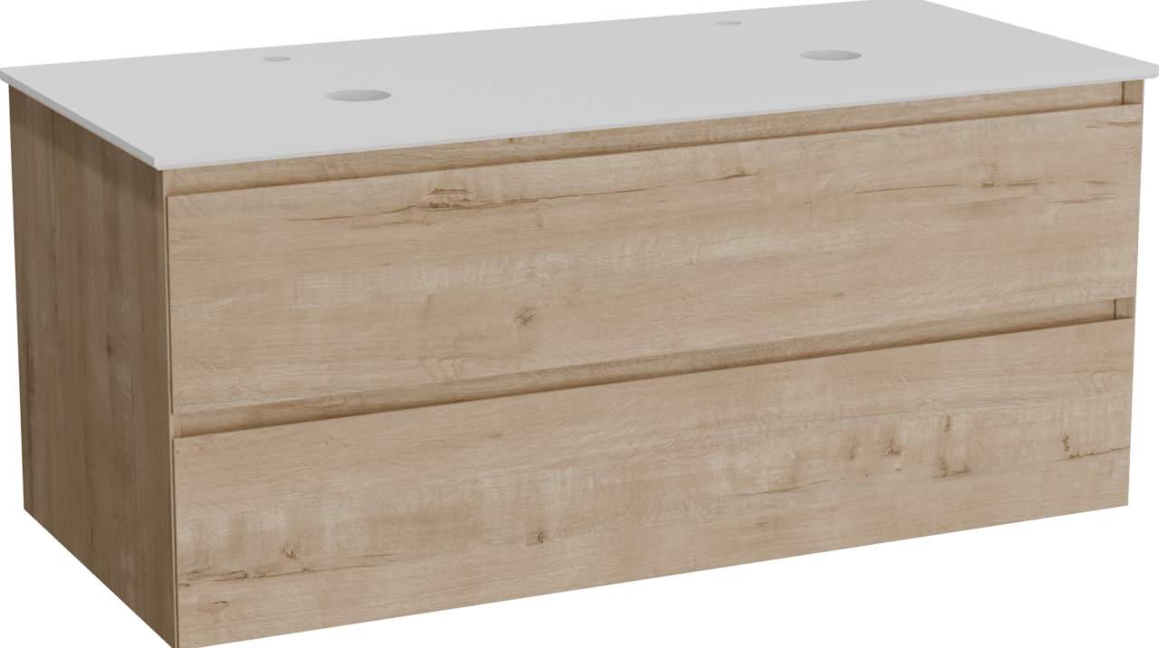 Balmani Mitra meuble salle de bains suspendu 120 x 55 cm chêne brut avec Facetta tablette double en solid surface blanc mat