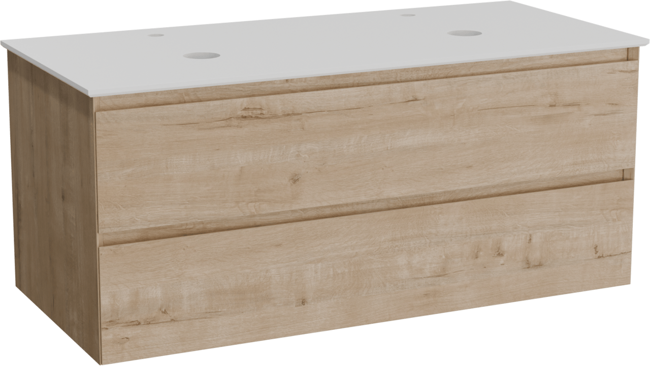 Balmani Mitra hängendes Möbelstück Set: 120 x 55 cm, Rohe Eiche, mit Facetta Doppel Waschtischplatte, Solid Surface Weiß matt