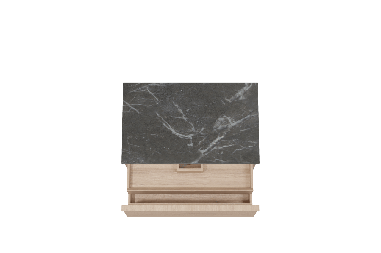Balmani Forma hängendes Möbelstück Set: 90 x 55 cm, Naturbelassene Eiche, mit Stretto Einzel Waschtischplatte, Marmor, Pietra Grey, Horizontale symmetrische gerade Rippe