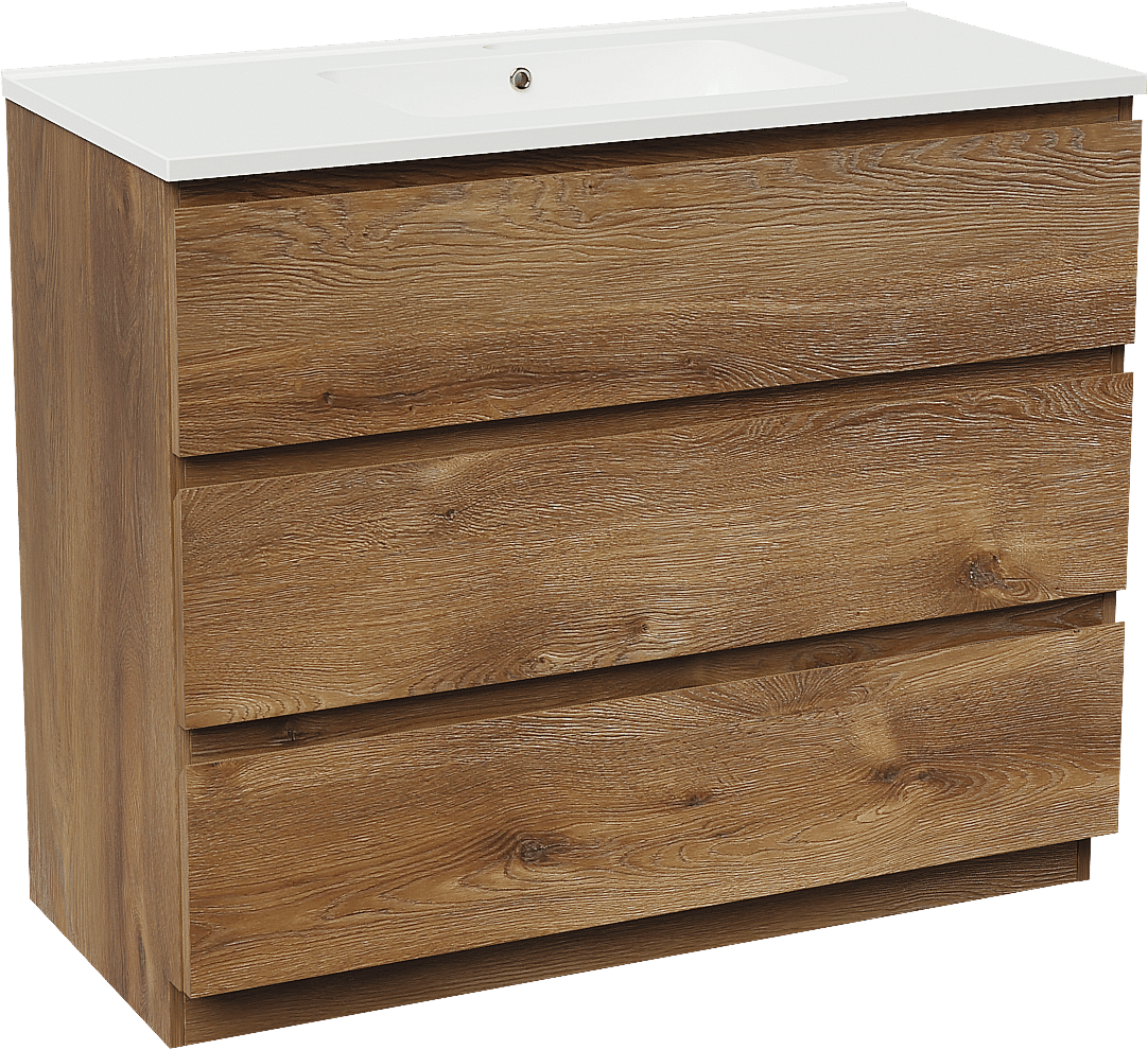 Linie Lado freistehendes Möbelstück Set: 100 x 46 cm, Braune Eiche, mit Vano Einzelwaschtisch, Marmorkomposit Weiß glänzend