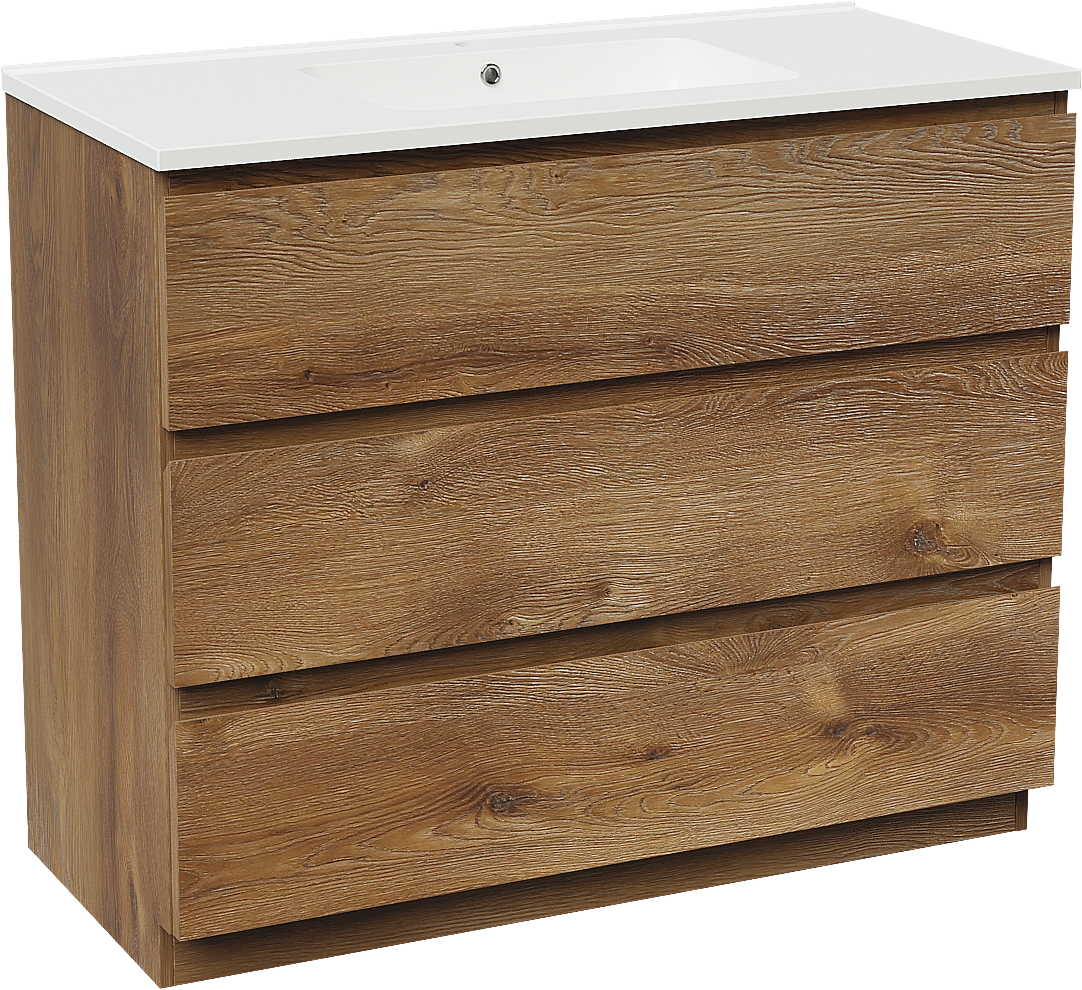 Linie Lado meuble salle de bains à poser 100 x 46 cm chêne brun avec Vano plan simple en marbre composite blanc brillant