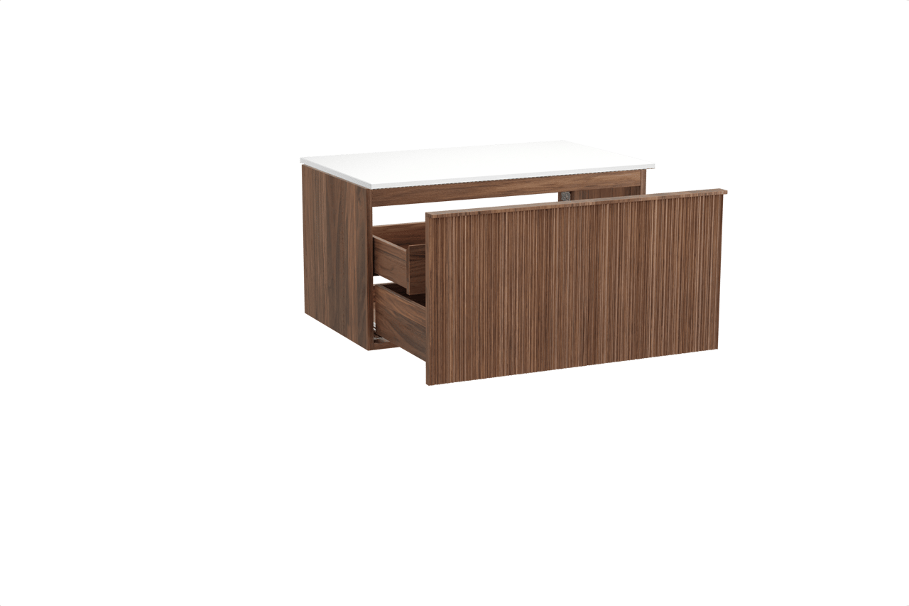 Balmani Forma hängendes Möbelstück Set: 90 x 55 cm, Amerikanischer Nussbaum, mit Stretto Einzel Waschtischplatte, Solid Surface, Weiß matt, Vertikale asymmetrische Runde Rippe