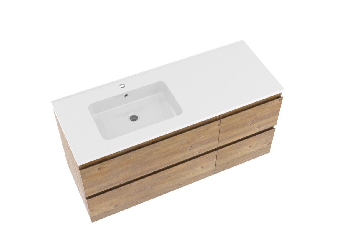 Linie Lado zwevend badkamermeubel 120 x 46 cm natuur eik met Vano asymmetrisch linkse wastafel in composietmarmer glanzend wit