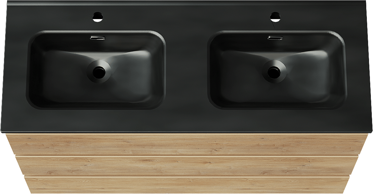 Linie Lado freistehendes Möbelstück Set: 120 x 46 cm, Naturbelassene Eiche, mit Baro Doppelwaschtisch, Porzellan Schwarz matt