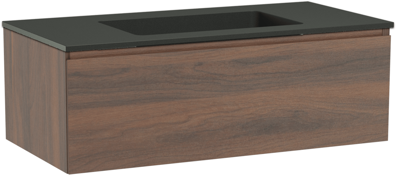 Storke Edge zwevend badmeubel 105 x 52 cm notenhout met Scuro enkele wastafel in kwarts mat zwart