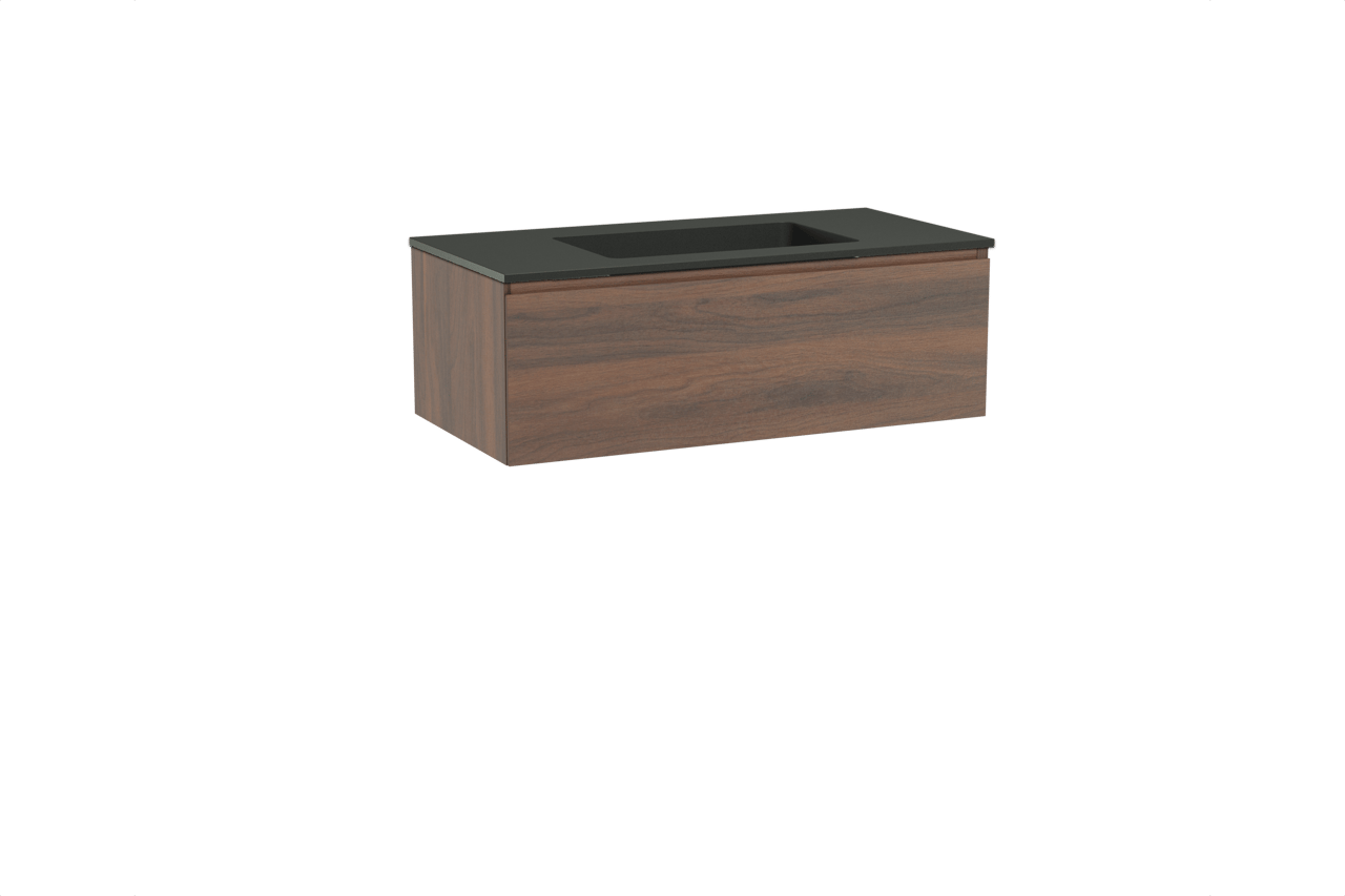 Storke Edge zwevend badkamermeubel 105 x 52 cm notelaar met Scuro enkele wastafel in kwarts mat zwart