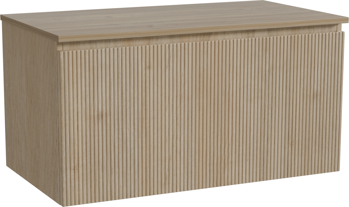 Storke Ribs zwevend badmeubel 95 x 52 cm ruw eiken met Panton enkel wastafelblad in melamine ruw eiken, Verticale symmetrische rechte ribbel
