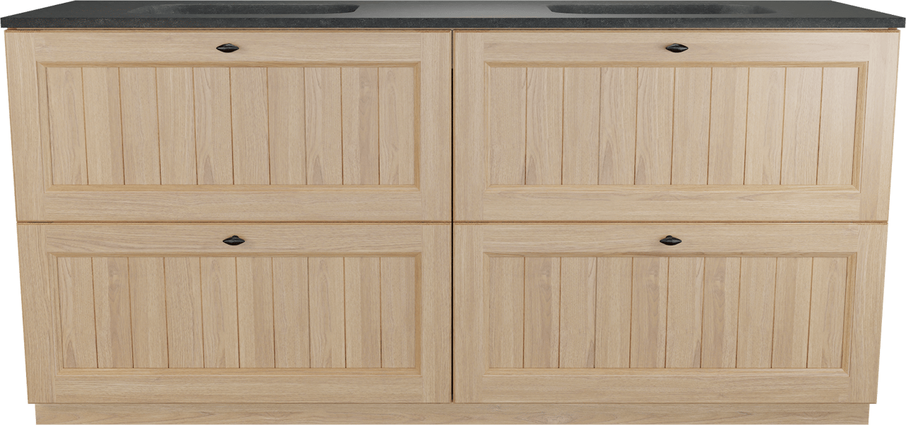 Balmani Lemon freistehendes Möbelstück Set: 180 x 55 cm, Naturbelassene Eiche Furnier, mit Tablo Arcato Doppelwaschtisch, Schwarzes Granit