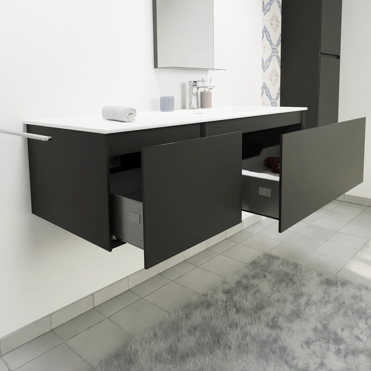 Storke Edge hängendes Möbelstück Set: 130 x 52 cm, Schwarz matt, mit Mata Waschtisch rechts, Solid Surface Weiß matt