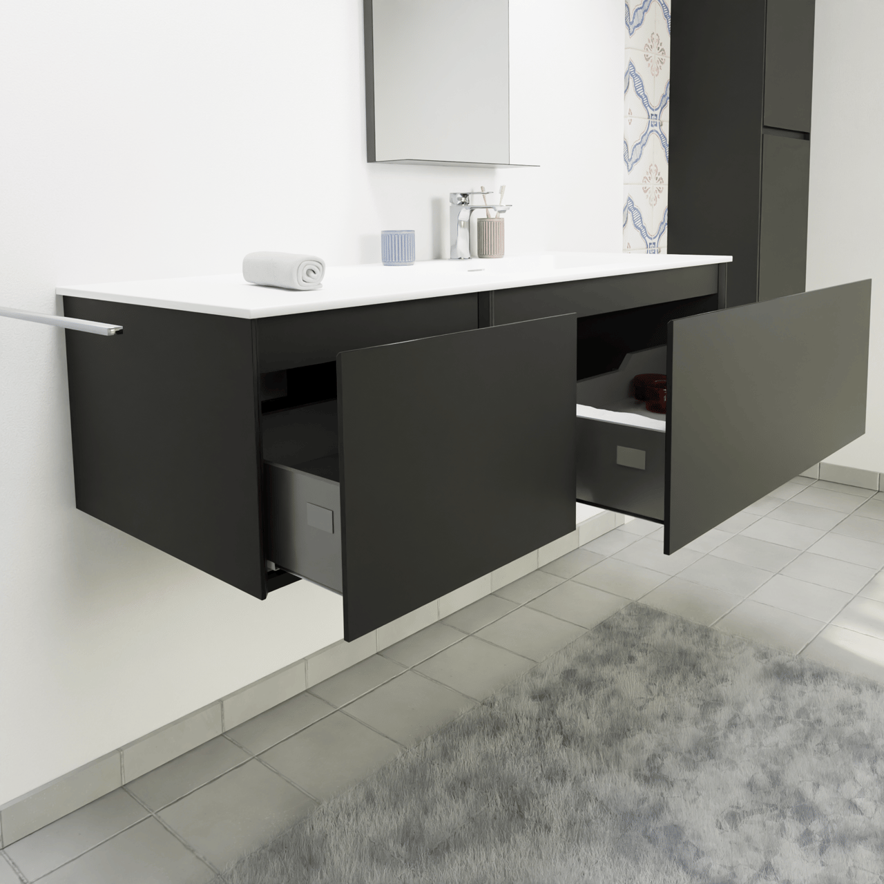 Storke Edge zwevend badkamermeubel 130 x 52 cm mat zwart met Mata asymmetrisch rechtse wastafel in solid surface mat wit