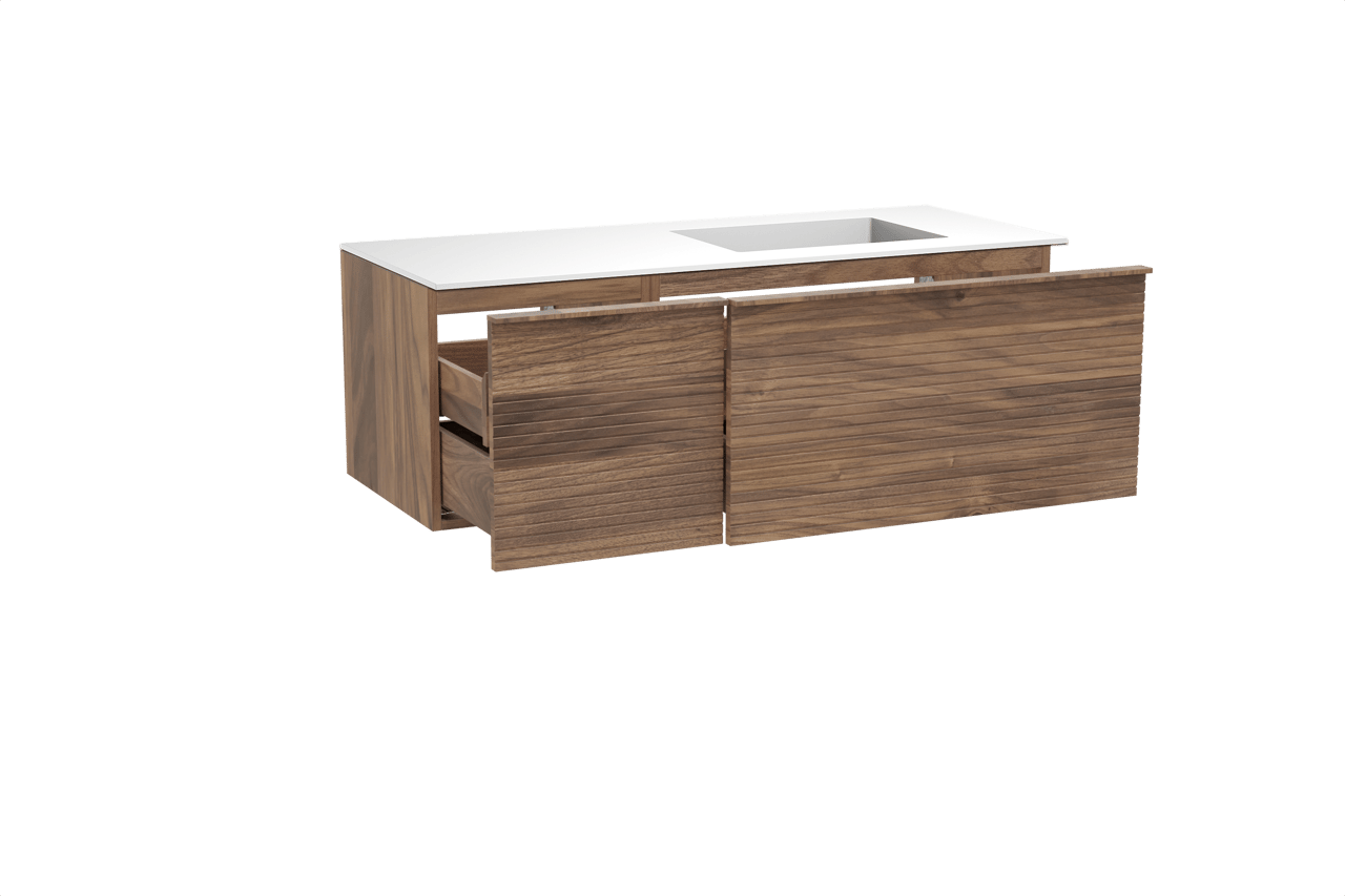 Balmani Forma hängendes Möbelstück Set: 135 x 55 cm, Amerikanischer Nussbaum, mit Tablo Stretto Waschtisch rechts, Solid Surface, Weiß matt, Horizontale symmetrische gerade Rippe