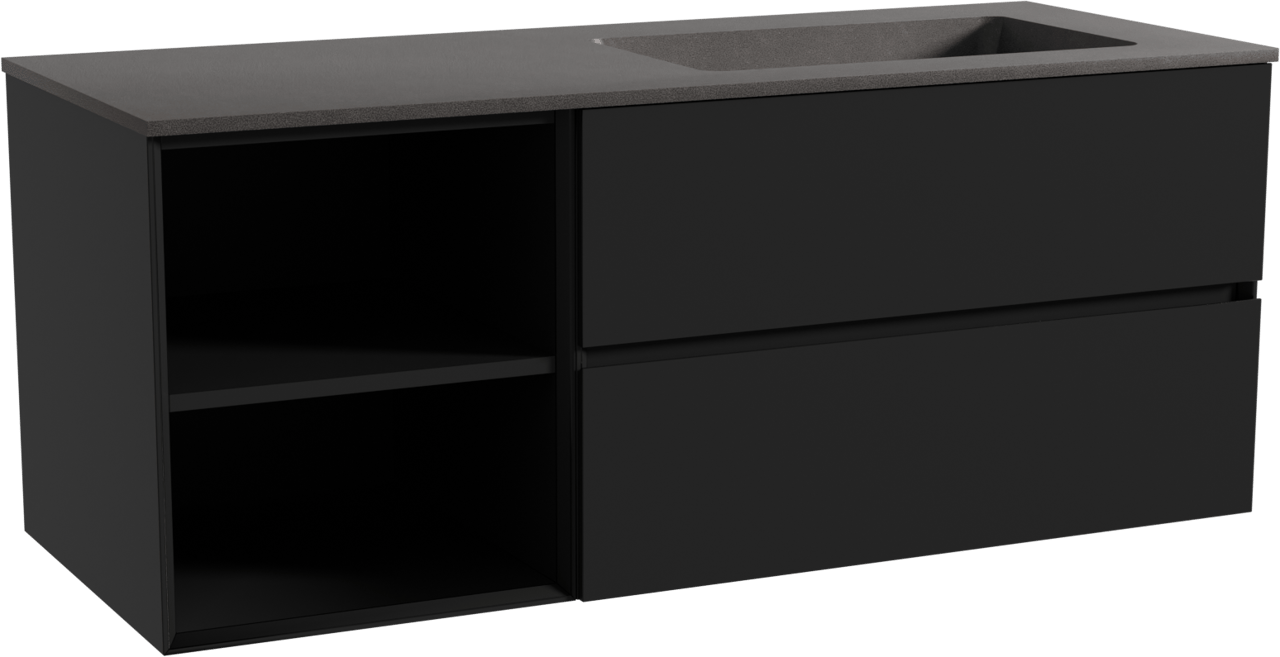 Storke Edge zwevend badmeubel 130 x 52 cm mat zwart met Scuro asymmetrisch rechtse wastafel in kwarts mat zwart