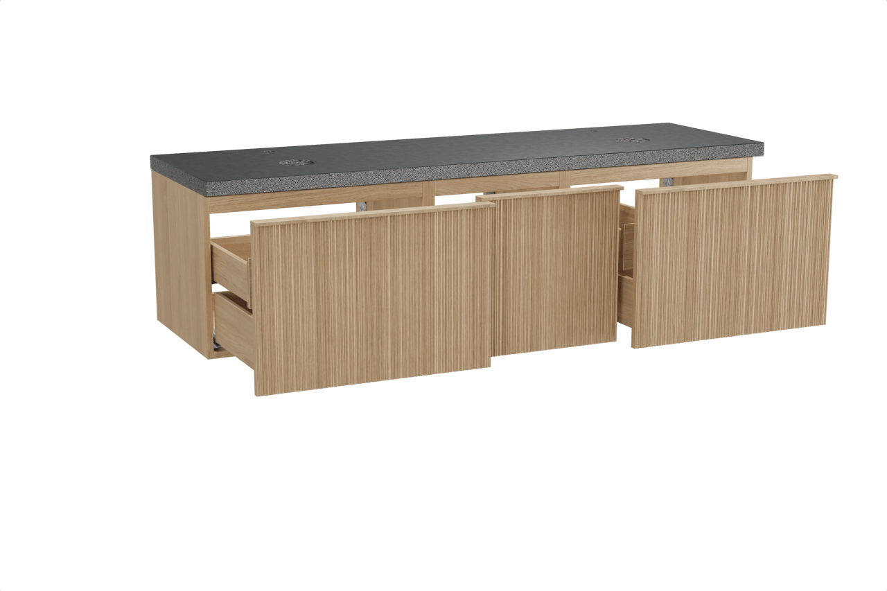 Balmani Forma zwevend badmeubel 180 x 55 cm naturel eiken met Rock dubbel wastafelblad in zwart graniet, Verticale asymmetrische ronde ribbel