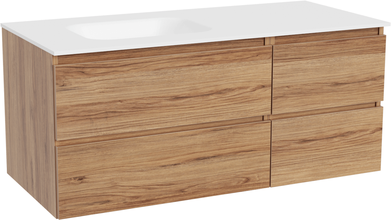 Balmani Lucida hängendes Möbelstück Set: 120 x 55 cm, Teak, mit Tablo Arcato Waschtisch links, Solid Surface Weiß matt