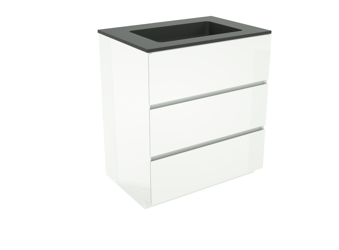 Storke Edge freistehendes Möbelstück Set: 75 x 52 cm, Weiß glänzend, mit Scuro Einzelwaschtisch, Quarz Schwarz matt