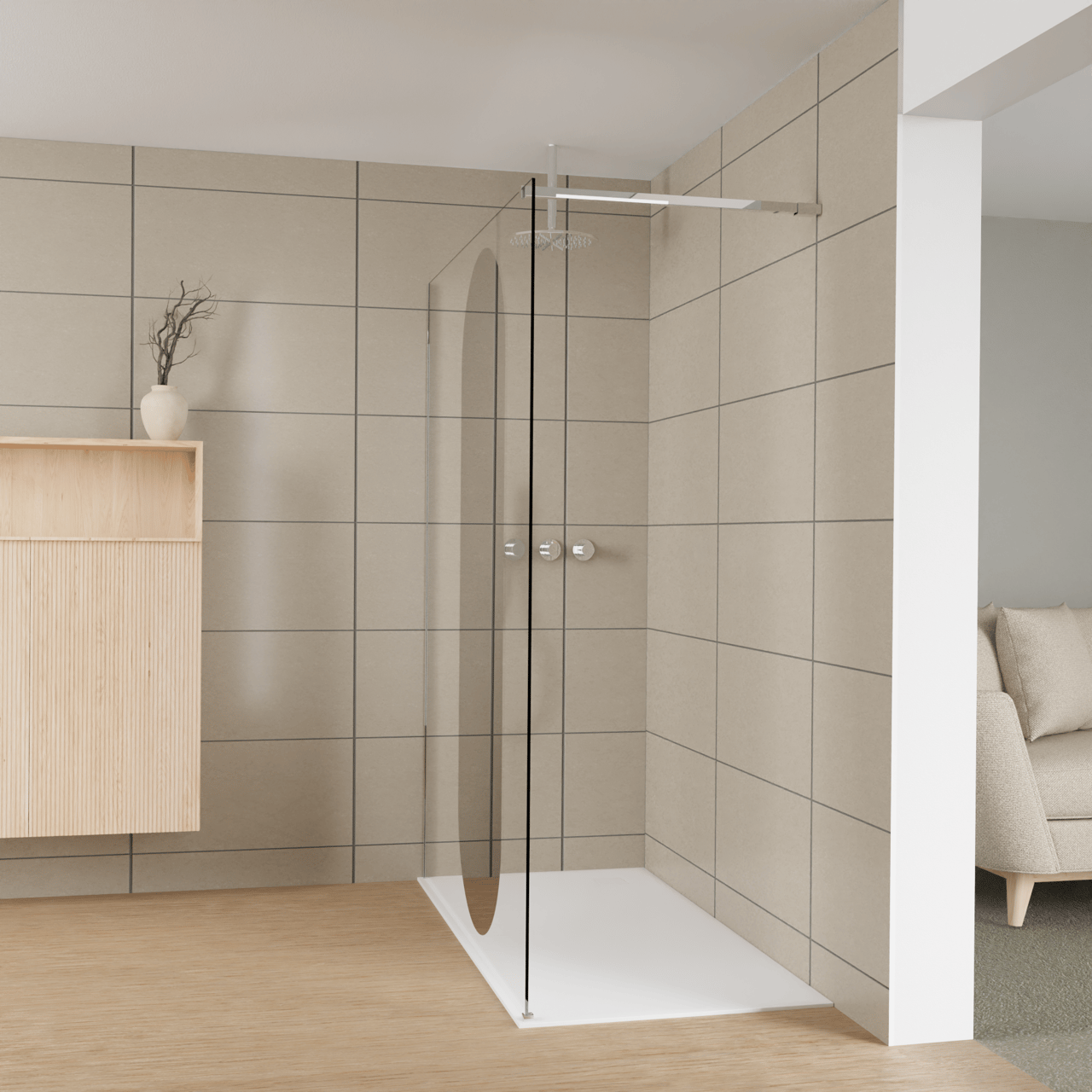 Balmani Modular douche à l'italienne: 160 x 200 cm, Miroir reflex ovale, Profil Chrome brillant