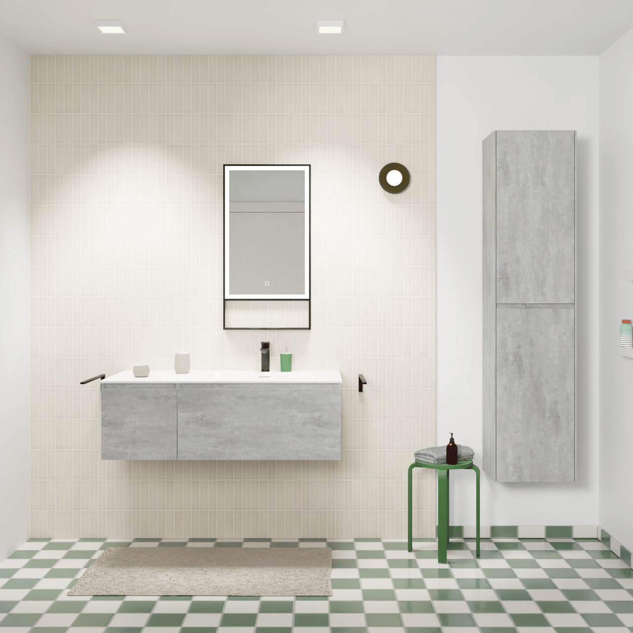 Storke Edge zwevend badkamermeubel 110 x 52 cm beton donkergrijs met Mata asymmetrisch rechtse wastafel in solid surface mat wit