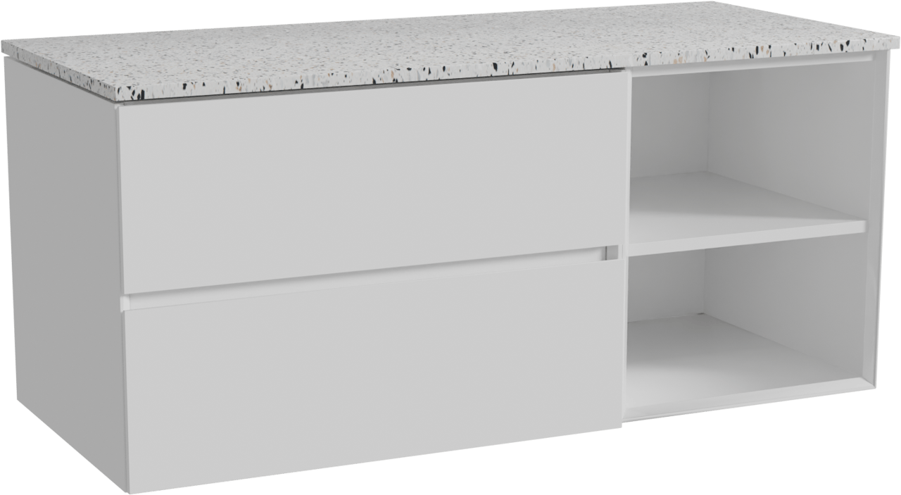 Storke Edge hängendes Möbelstück Set: 120 x 52 cm, Weiß glänzend, mit Tavola Einzel- oder Doppel Waschtischplatte, Terrazzo in Weiß/Schwarz matt