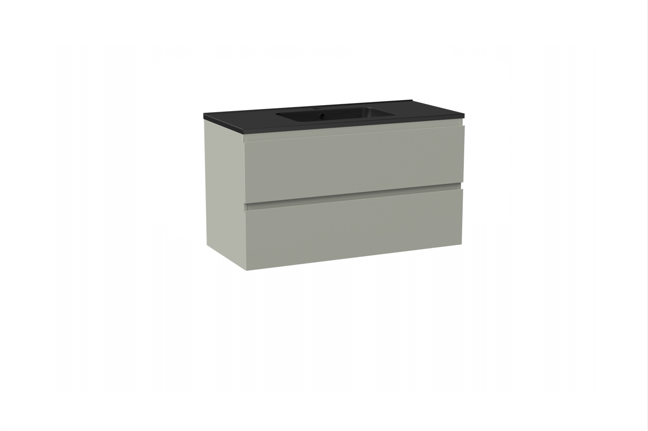 Linie Lado zwevend badkamermeubel 100 x 46 cm greige met Vano enkele wastafel in composietmarmer mat zwart