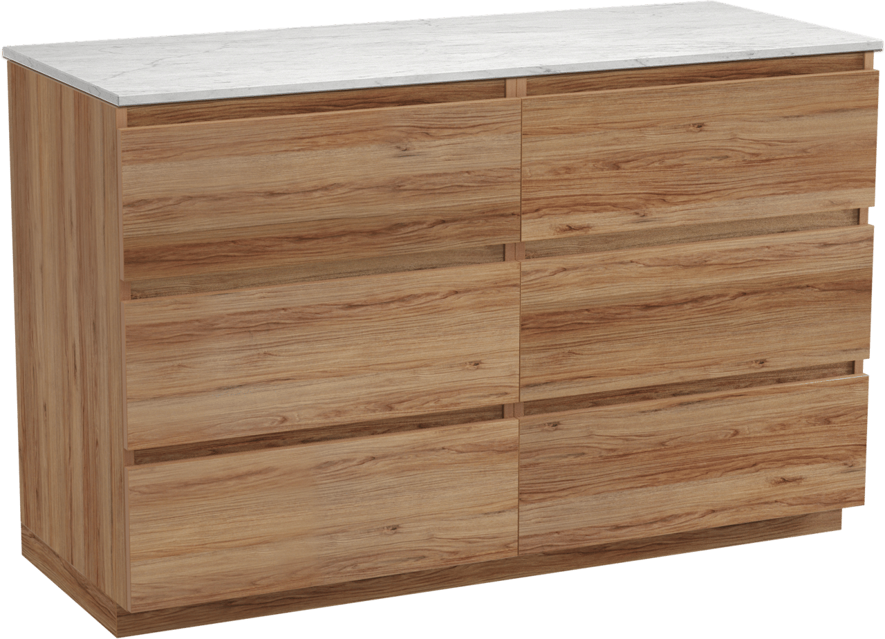 Balmani Lucida staand badkamermeubel 135 x 55 cm teak met Stretto enkel of dubbel tablet in marmer carrara