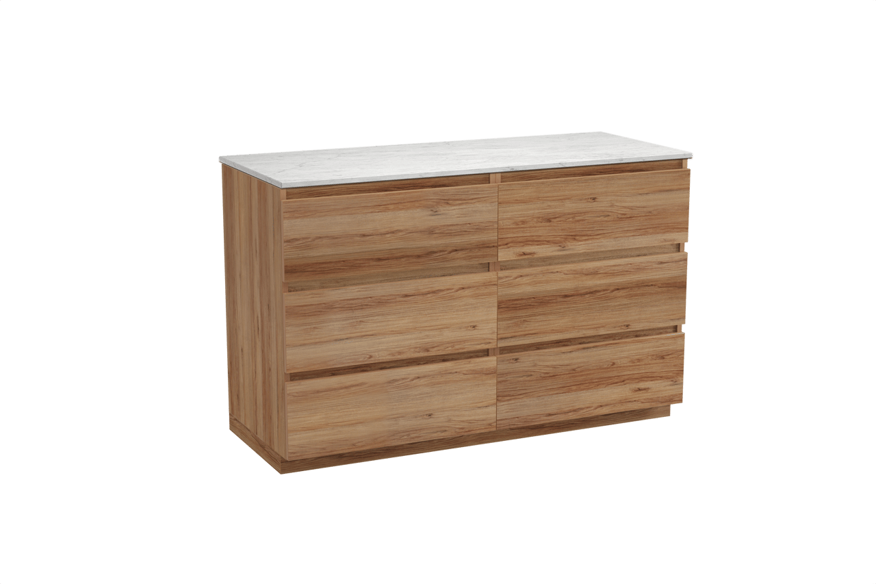 Balmani Lucida freistehendes Möbelstück Set: 135 x 55 cm, Teak, mit Stretto Einzel- oder Doppel Waschtischplatte, Marmor Carrara