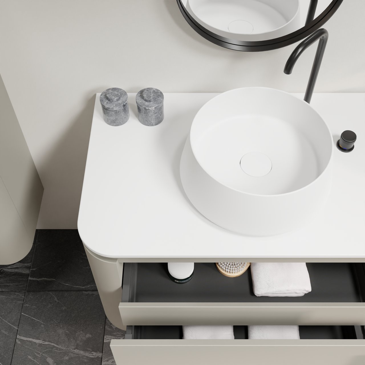 Balmani Moon meuble salle de bains suspendu 130 x 55 cm soie grise avec Moon tablette simple ou double en solid surface blanc mat