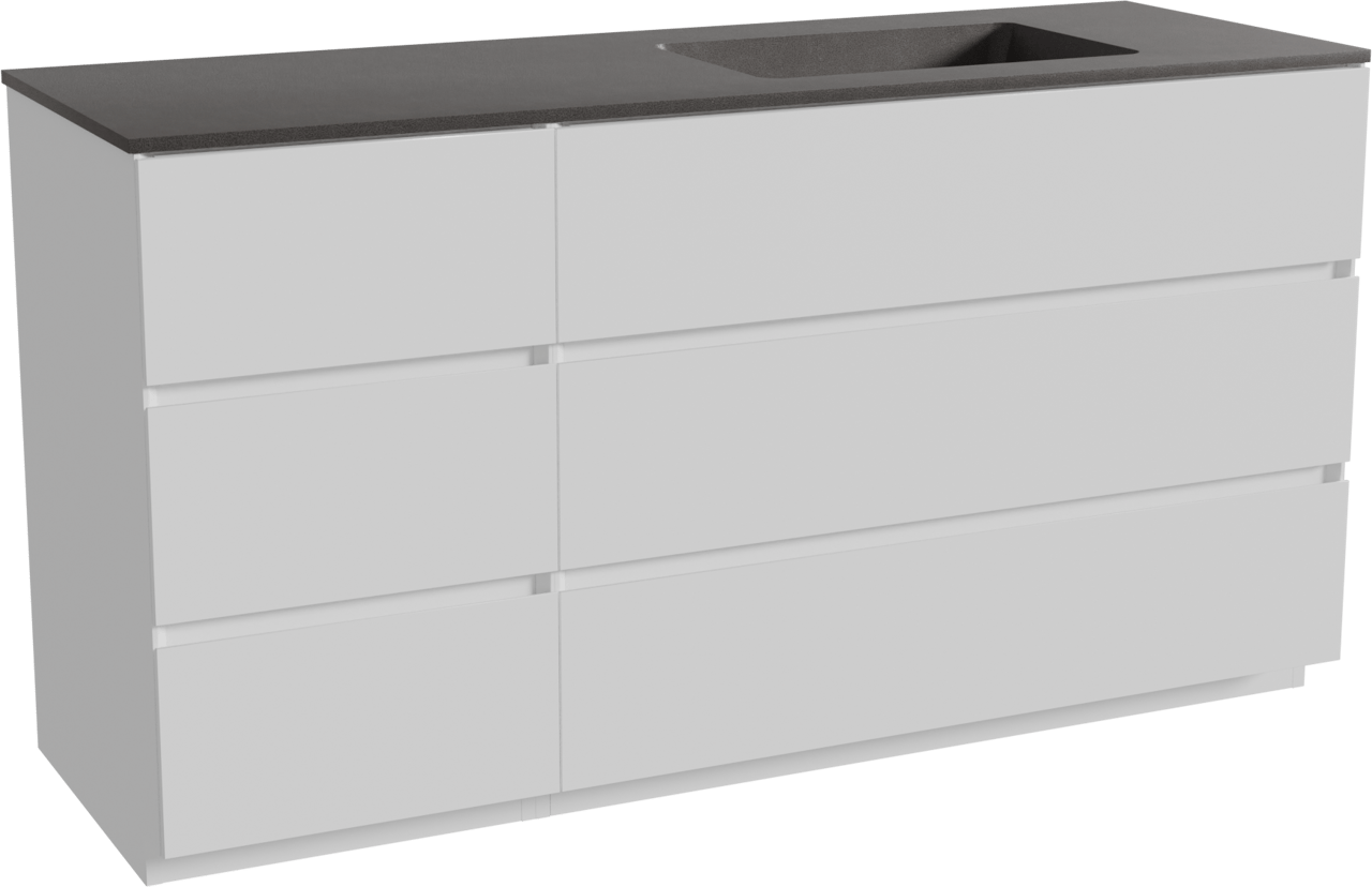 Storke Edge staand badkamermeubel 150 x 52 cm mat wit met Scuro asymmetrisch rechtse wastafel in kwarts mat zwart