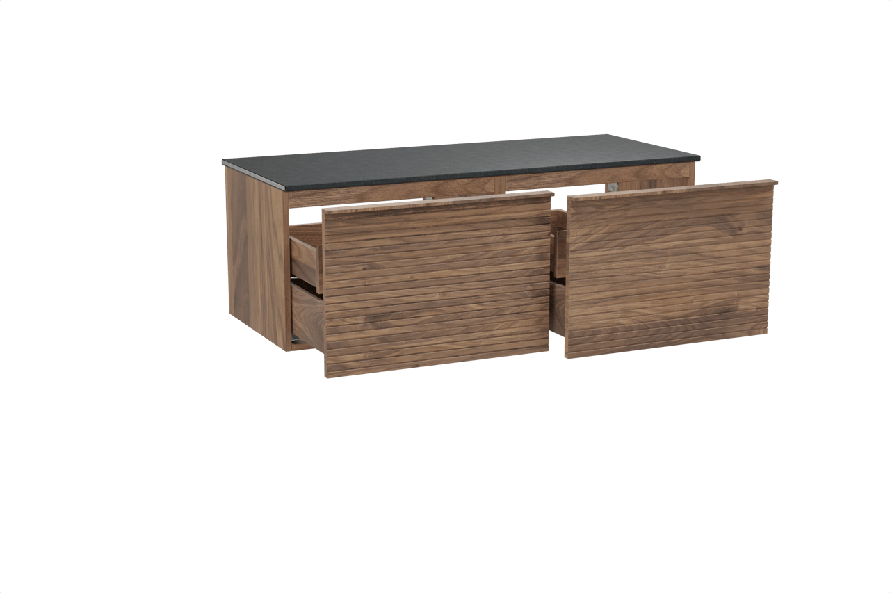 Balmani Forma hängendes Möbelstück Set: 135 x 55 cm, Amerikanischer Nussbaum, mit Stretto Einzel- oder Doppel Waschtischplatte, Granit, Schwarzes Granit, Horizontale symmetrische gerade Rippe