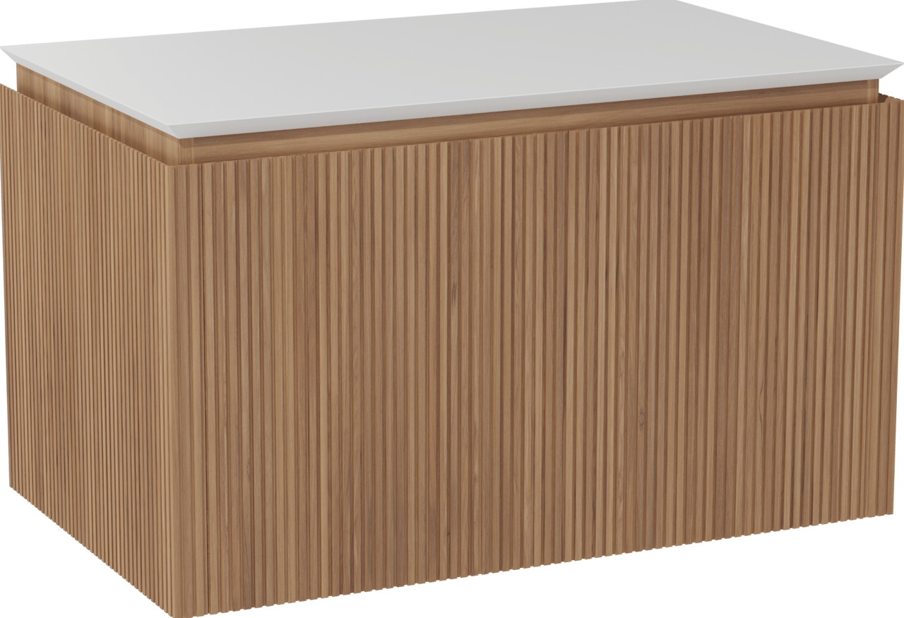 Balmani Eclips meuble salle de bains suspendu 90 x 55 cm Teck avec Eclips tablette simple en Solid Surface blanc mat, Nervure droite symétrique verticale