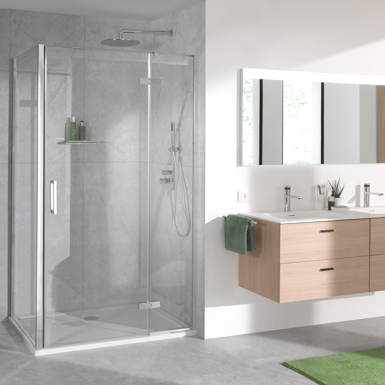 Luca Varess Nona paroi de douche avec porte pivotante et 2 parois latéraux fixes 90 x 120 cm verre transparent profil chrome brillant