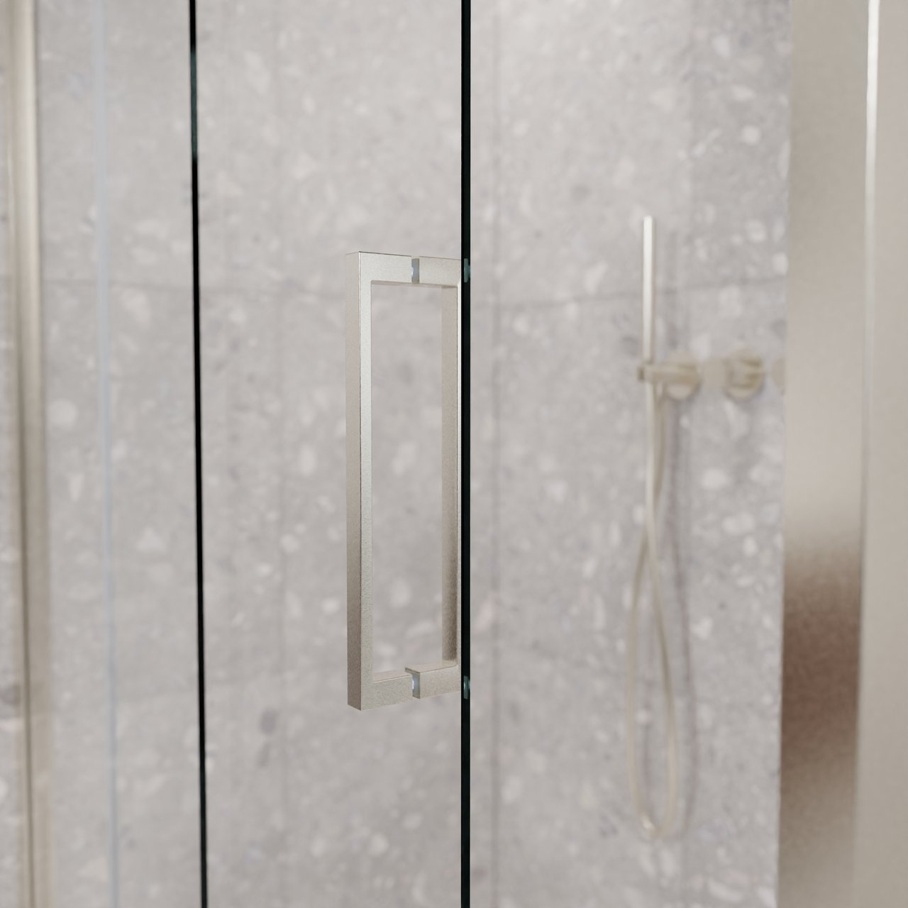 Balmani Senses Design douche en coin avec porte coulissante à gauche et paroi latérale fixe, 120 x 100 cm, Verre transparent, Profil Brushed CoolMetal