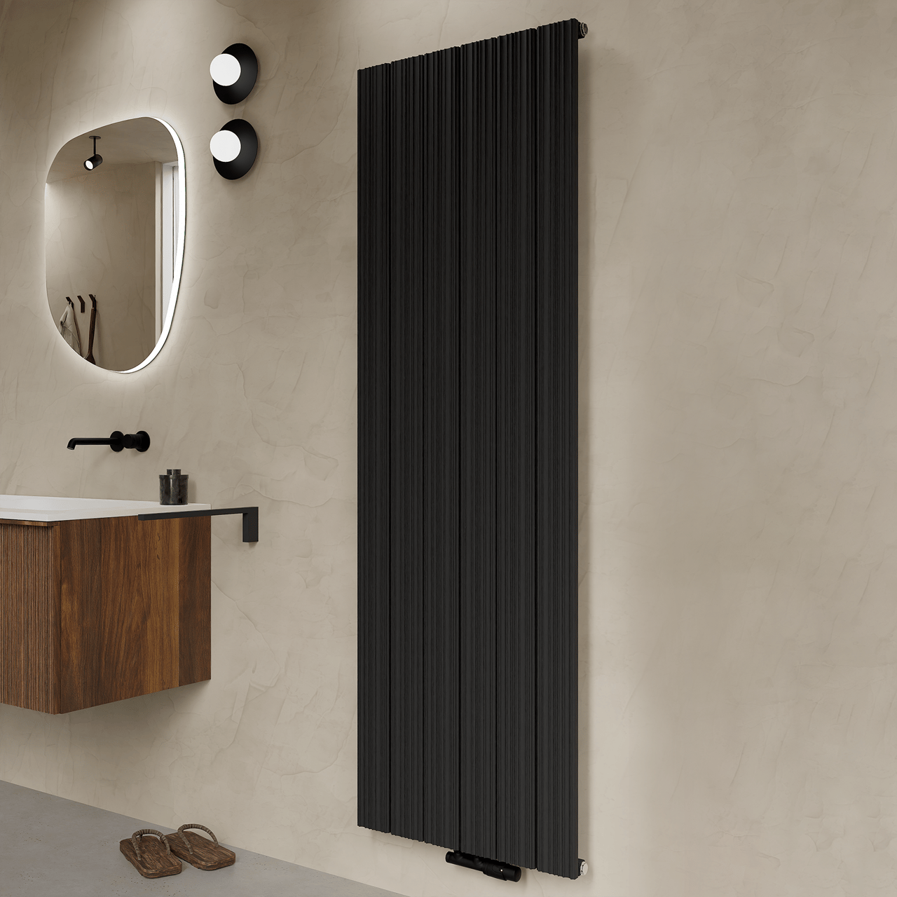 Vipera Mares enkele handdoekradiator 56,5 x 180 cm centrale verwarming mat zwart zij- en middenaansluiting 1539W