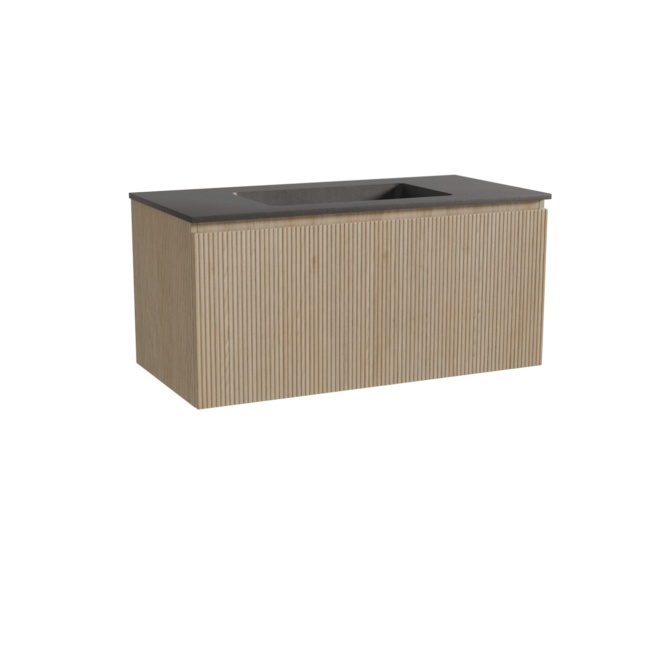 Storke Ribs hängendes Möbelstück Set: 105 x 52 cm, Rohe Eiche, mit Scuro Einzelwaschtisch, Quarz, Schwarz matt, Vertikale symmetrische gerade Rippe