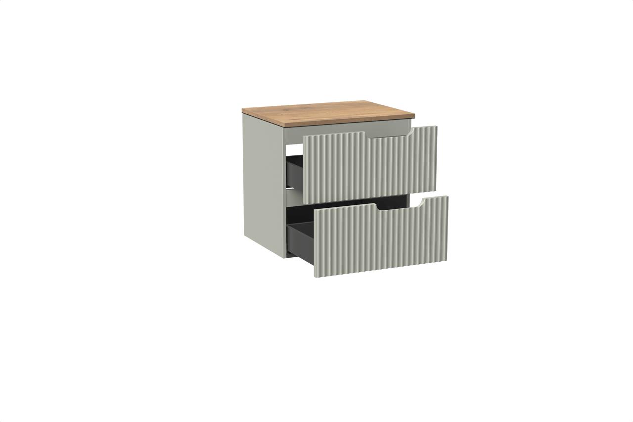 Linie Ribbo hängendes Möbelstück Set: 60 x 46 cm, Greige, mit Lado Einzel Waschtischplatte, Melamin, Naturbelassene Eiche, Vertikale symmetrische runde Rippe