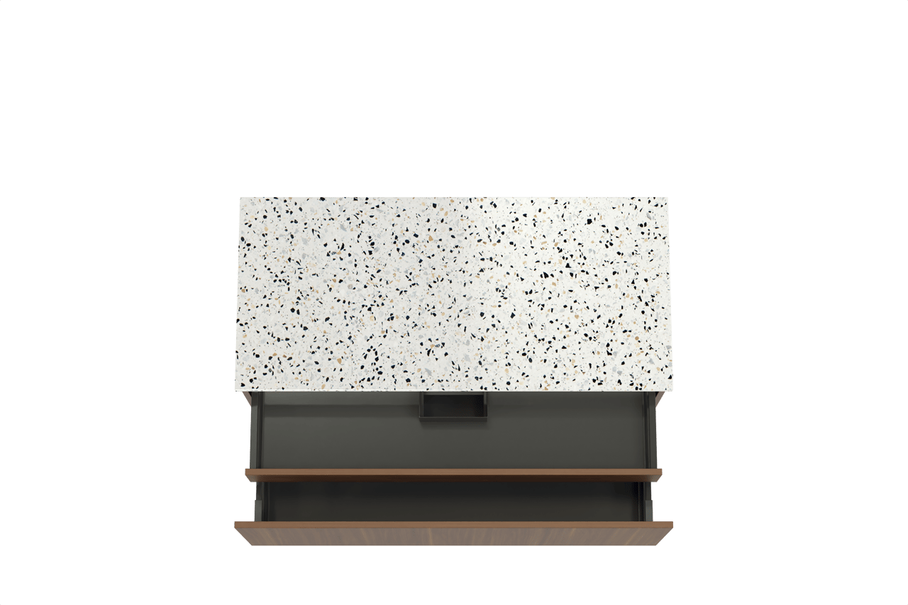 Balmani Sfera hängendes Möbelstück Set: 120 x 55 cm, Amerikanischer Nussbaum, mit Stretto Einzel- oder Doppel Waschtischplatte, Terrazzo in Weiß/Schwarz matt