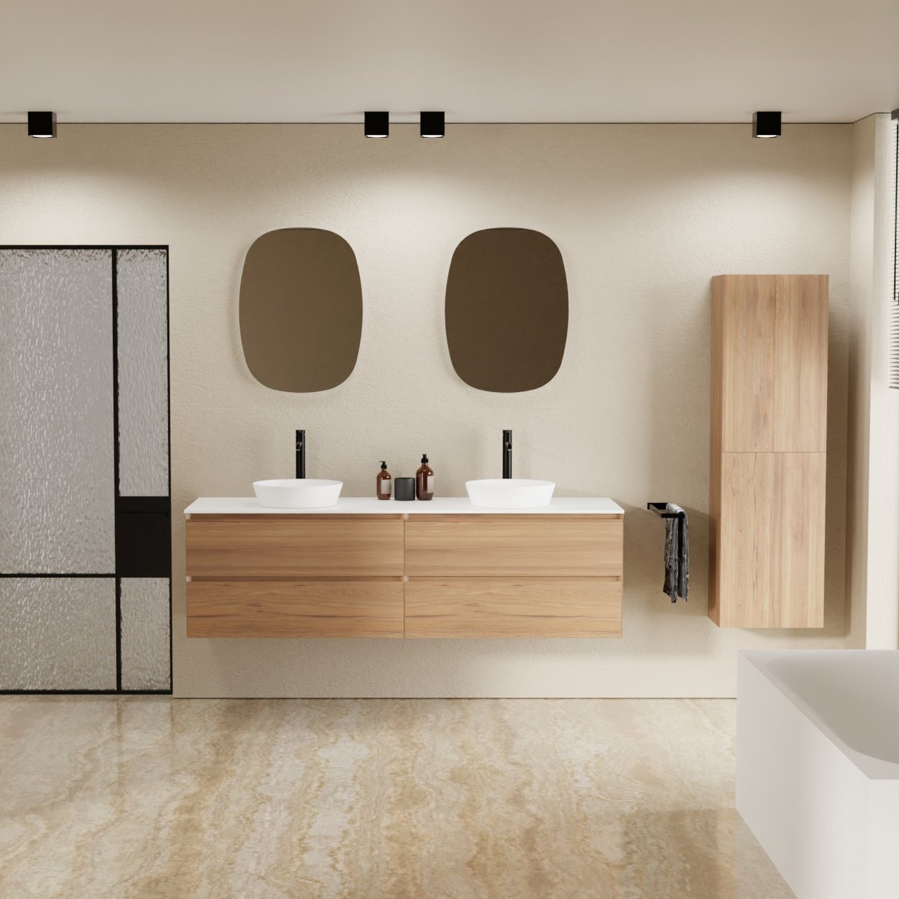 Balmani Mitra meuble salle de bains suspendu 180 x 55 cm teck avec Stretto tablette simple ou double en solid surface blanc mat