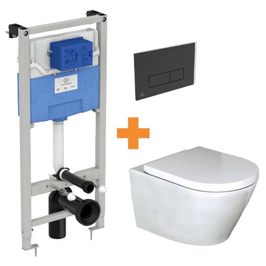 Luca Varess Calibro hangtoilet en medio wc-bril glanzend wit randloos met inbouwreservoir en gratis Ideal Standard Oleas M2 mat zwart bedieningspaneel