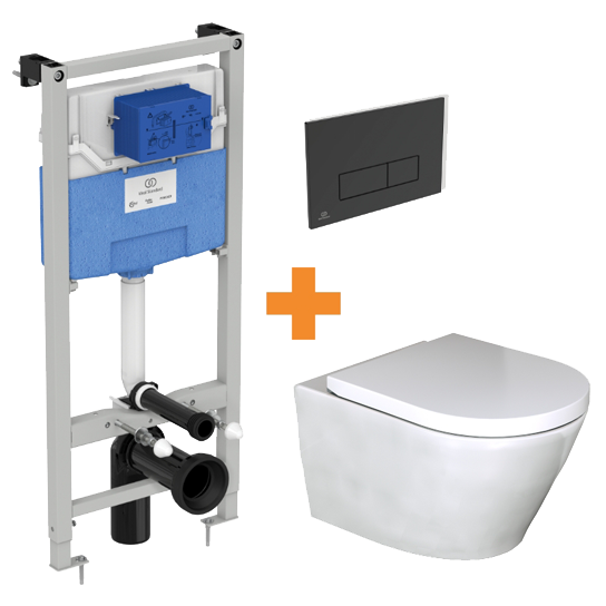 Luca Varess Calibro hangtoilet en medio wc-bril glanzend wit randloos met inbouwreservoir en gratis Ideal Standard Oleas M2 mat zwart bedieningspaneel