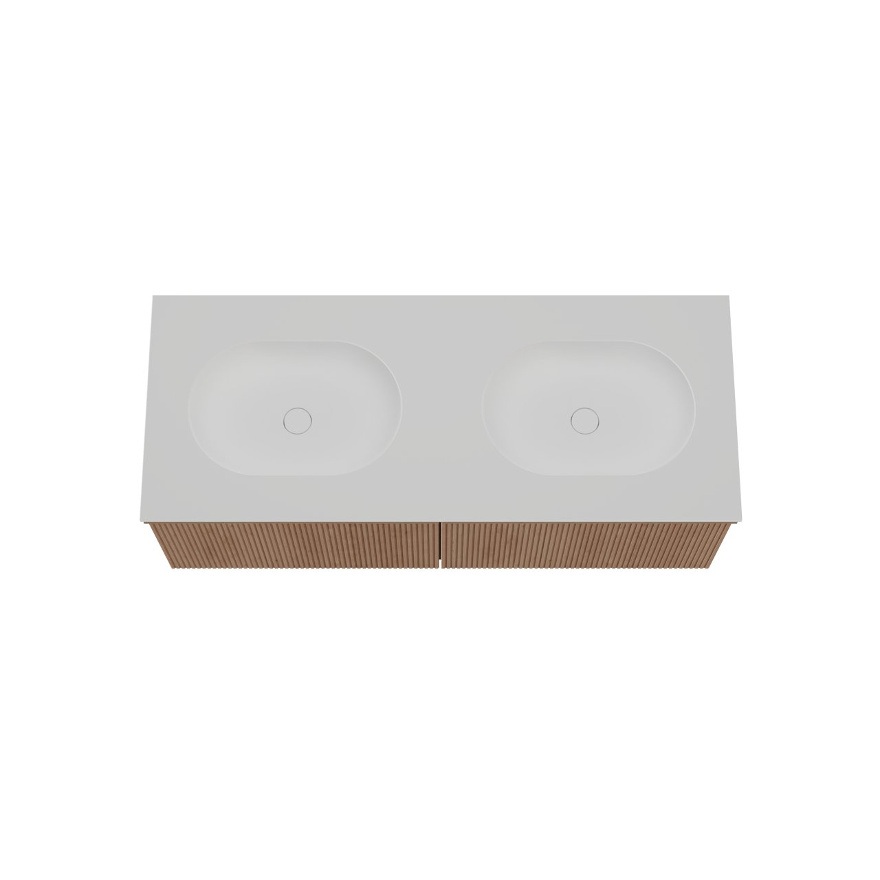 Balmani Forma zwevend badkamermeubel 135 x 55 cm natuur eik met Tablo Oval dubbele wastafel in solid surface mat wit, Verticale symmetrische rechte ribbel