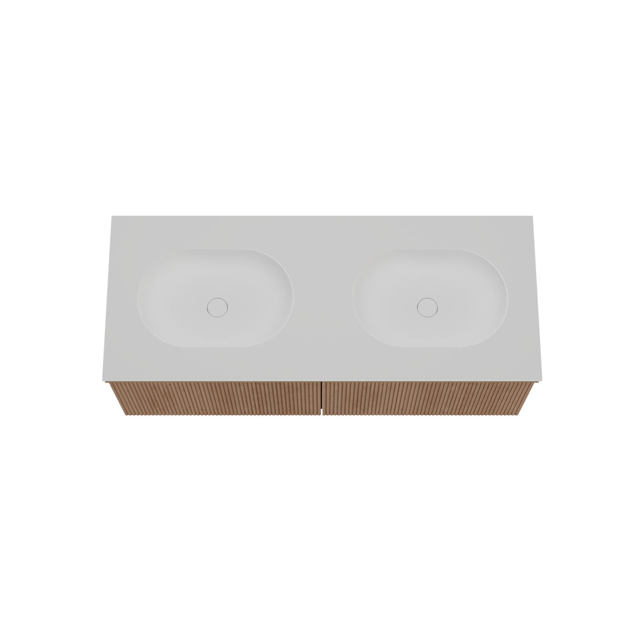 Balmani Forma hängendes Möbelstück Set: 135 x 55 cm, Naturbelassene Eiche, mit Tablo Oval Doppelwaschtisch, Solid Surface, Weiß matt, Vertikale symmetrische gerade Rippe