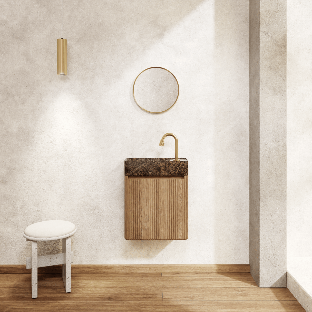 Balmani Auro Gäste-WC Spiegel: Rund, Brushed Champagne Gold, Ø 35 cm