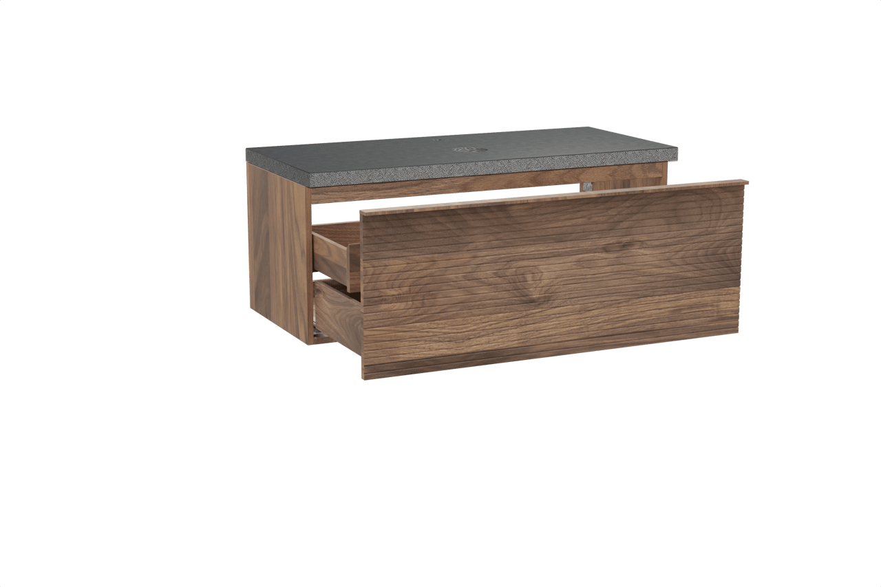 Balmani Forma hängendes Möbelstück Set: 120 x 55 cm, Amerikanischer Nussbaum, mit Rock Einzel Waschtischplatte, Granit, Schwarzes Granit, Horizontale symmetrische gerade Rippe