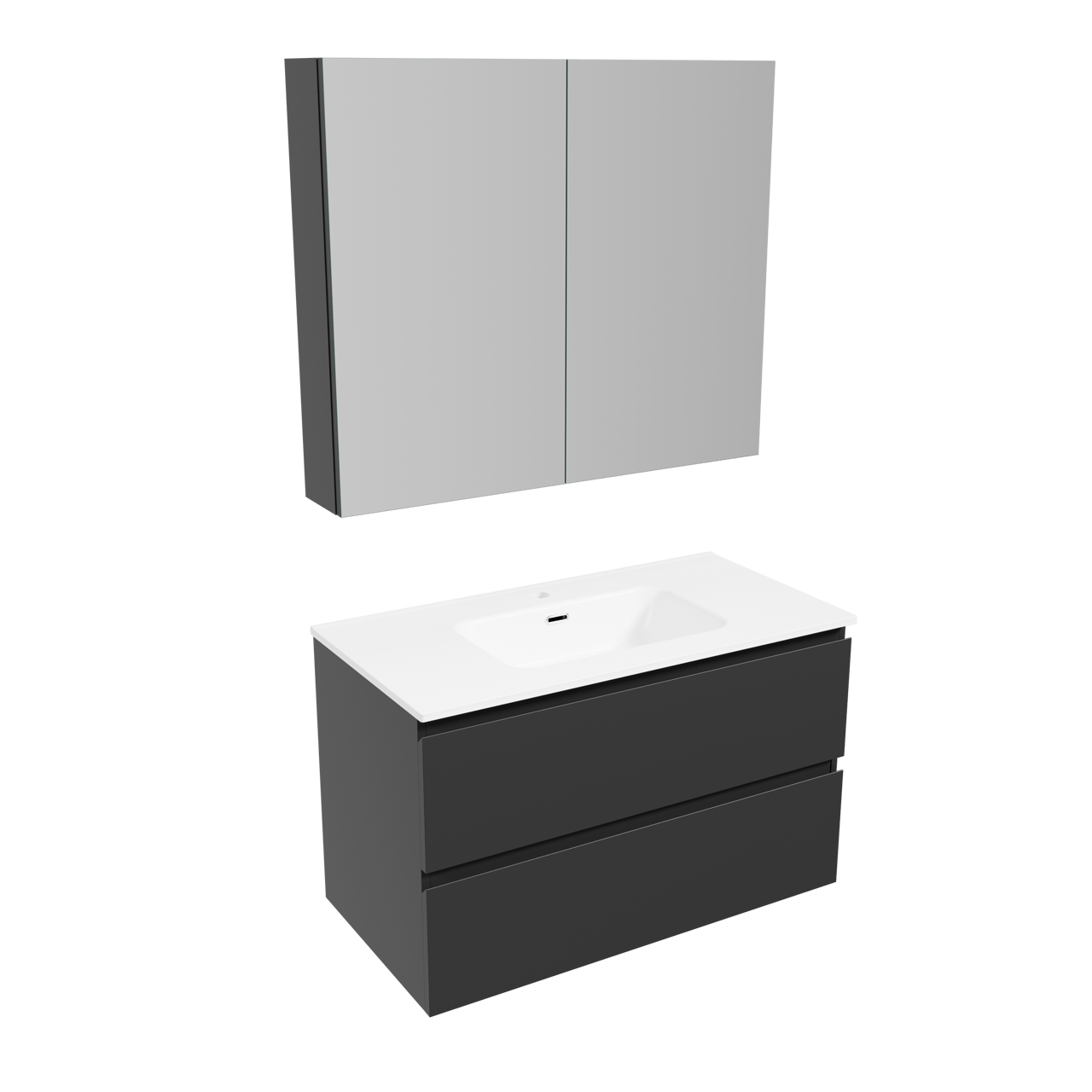 Linie Lado meuble salle de bains suspendu 90 x 46 cm noir mat avec Baro plan simple en porcelaine blanc mat et Montro armoire de toilette